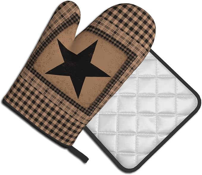 Western Oven Mitts and Hot Pads Set of 2 Texas Star Heat Resistant Non-Slip Cooking Oven Gloves Pan Mat Primitive Decorative Kitchen Accessories for Chef Baking Grilling