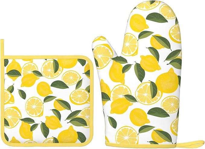 Oven Mitts and Potholders Watercolor Lemon Leaf Silicone Glove Heat Resistant, Kitchen Gloves for Cooking, 2-Piece Set