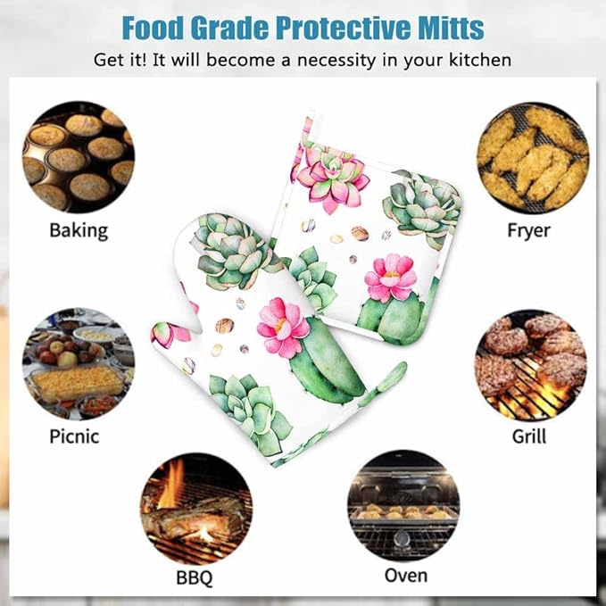 Mxocom Plants Oven Mitt and Pot Holder with Silicone Watercolor Cactus Summer Floral Mexican Cacti Heat Resistant Kitchen for Cooking BBQ Baking Grilling Spring/Summer