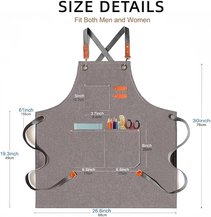 Canvas Work Apron for Men Women with 3 Pockets Heavy Duty Crossback Kitchen Chef Aprons for Cooking Grilling Barista