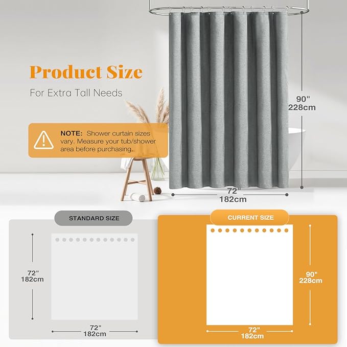 BTTN Extra Long Fabric Shower Curtain - 72x90 Inch Linen Textured Heavy Duty Cloth Shower Curtain Set with 12 Plastic Hooks, Large Modern Hotel Luxury Polyester Shower Curtains for Bathroom, Gray/Grey