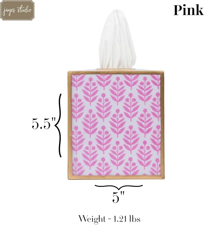 Jaye's Studio Lottie Cube Tissue Box Cover Square, Enameled Metal Gold Tissue Holder for Bathroom, Bedroom, Office, Vanity Pink and White Bathroom Decor Accent, Floral Boho Bathroom Accessories Decor
