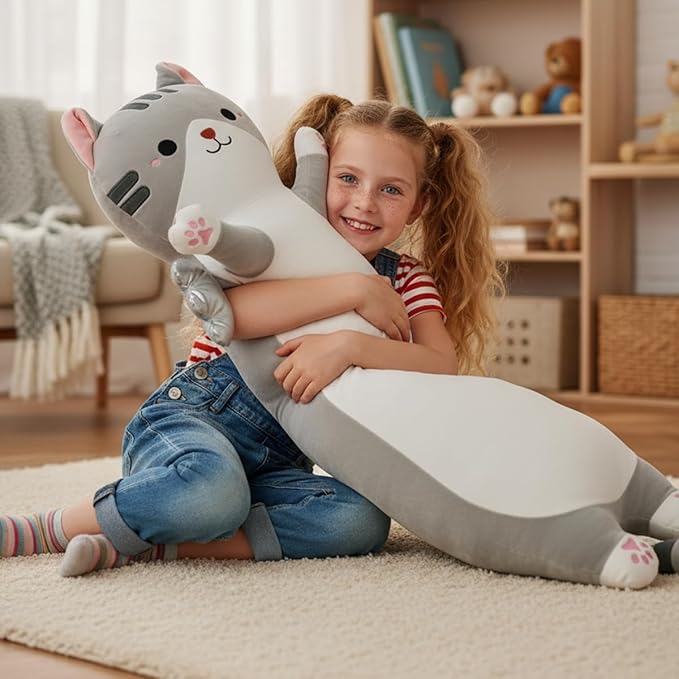 Kekeso Long Cat Plush Pillow, Cute Cat Stuffed Animal Body Pillow with Wings, Soft Kawaii Kitty Hugging Pillow, Christmas Valentine's Birthday Gift for Kids Girls Boys (Gray, 110cm/43.31in)