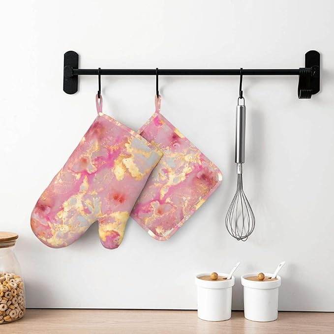 Pink Marble Pattern Oven Mitts and Pot Holders Sets, Home Silicone Heat Resistant BBQ Gloves for Kitchen Baking Cooking Grilling Microwave