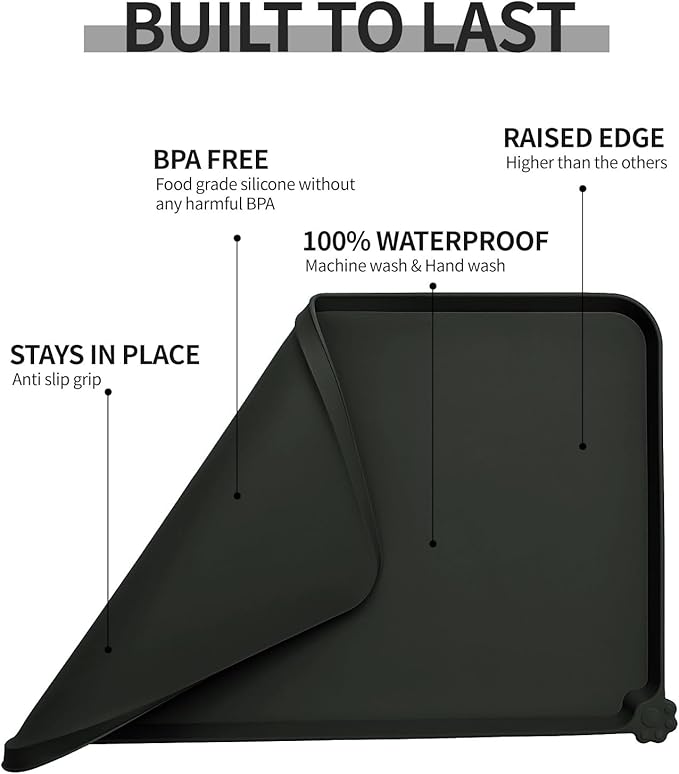 Reopet Waterproof Pet Feeding Mat with High Raised Edges, Heavier and Thicker Placemats for Cat Dog Water Bowl with BPA Free, Dogs Cats Food Mats for Messy Drinkers to Prevent Spill and Protect Floors