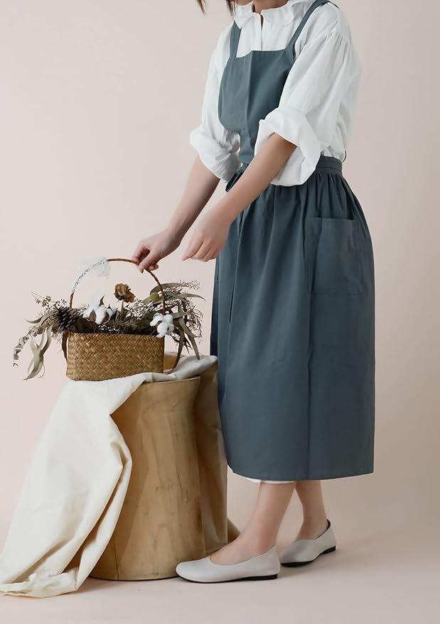 Japanese apron Women-Cross Back Apron for Women with Pockets, Pinafore Aprons, Womens Cotton Linen Apron