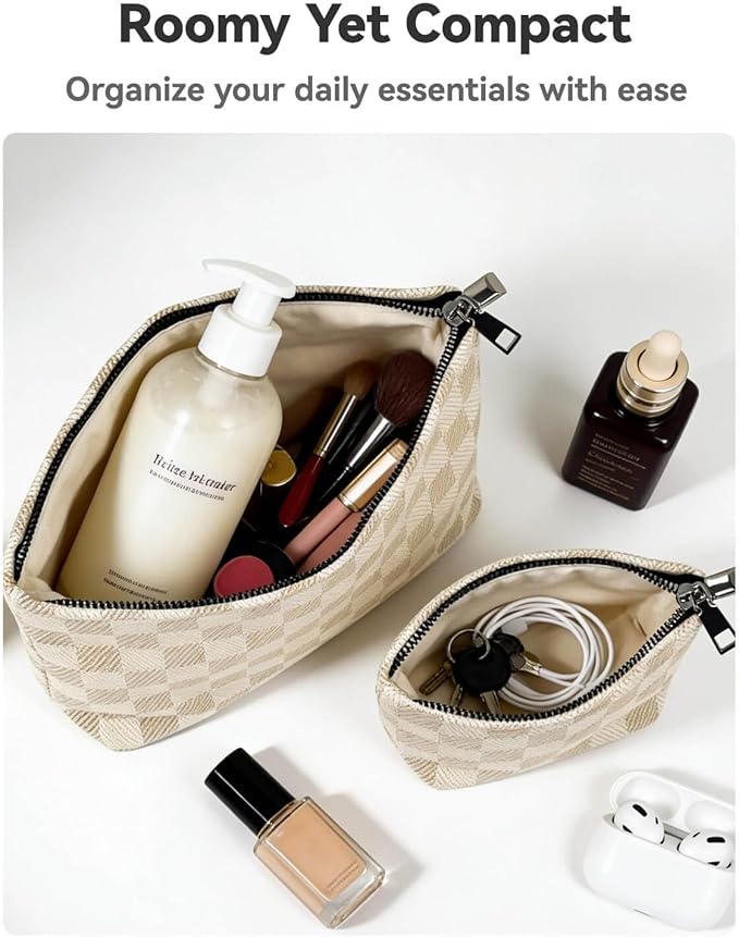 fahombag 2 Pcs Checkered Makeup Bag Set Canvas Cosmetic Pouch for Women Large & Small Cute Preppy Aesthetic Travel Toiletry Pouch Organizer for Purse Skincare Brushes, Khahi