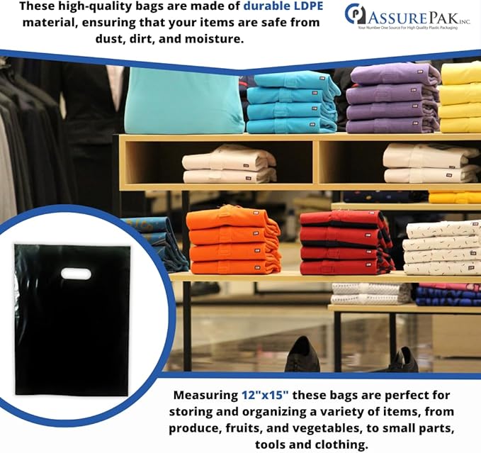ASSUREPAK Black Plastic Merchandise Bag - 100 Bags - LDPE Die Cut Handle Bag for Retail, Store, Market, Convenience Store - 12"x15" - 1.5 mil