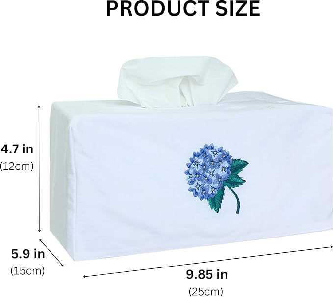 Fabric Tissue Box Cover Set of 2, Vintage Floral Embroidery Hydrangea Tissue Holder, Bouquet Wrapping Bag, Car Tissue Holder, Tissues Box Cover Rectangular 9.8"X5.9"X4.7", White Tissue Box Cover