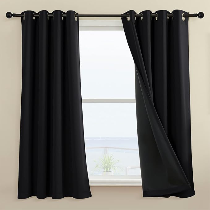 Rutterllow 100% Blackout Curtains, Full Shade 54 Inches Long Complete Drapes for Living Room, Thermal Insulated Bedroom Window Treatment Drapes (2 Panels, Black, 52 x 54 inch)