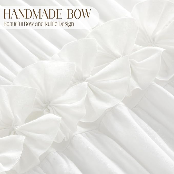 XOGUIBO Ruffle Shower Curtain with Handmade Bow Tie,Vintage Farmhouse Shower Curtain for Bathroom, Cotton White,72" W x 72" H