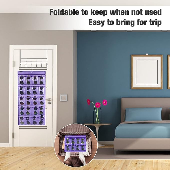 ANZORG Dual Sided Hanging Sunglasses Organizer Storage Wall Mounted Eyeglasses Holder Eyewear Display Case with 40 Clear Slots (40 Pockets-Purple)