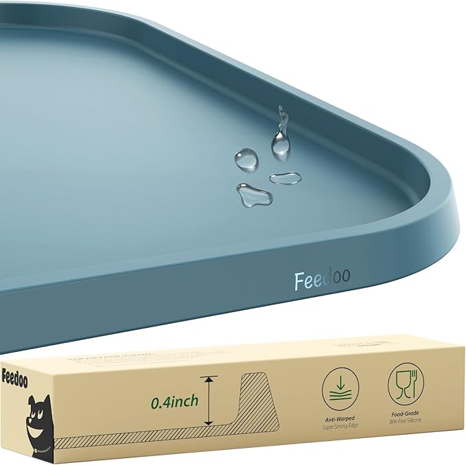 Feedoo Pet Feeding Mat [Warped Resistant Raised Edge], Water-Proof Silicone Placement for Food Water Bowls, Anti-Slip Base Protect Floor, BPA-Free&Dishwasher-Safe [23.5x13.5inch Large, Blue]