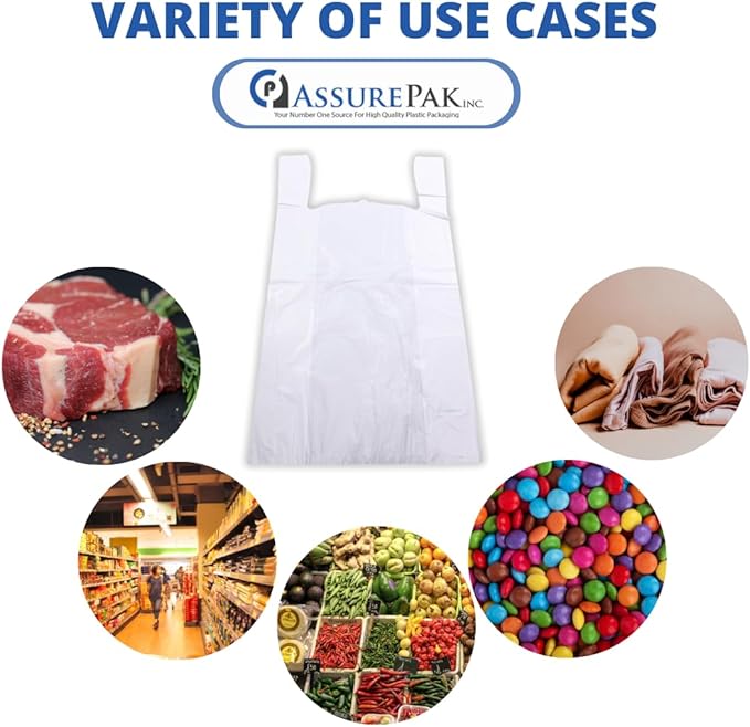 ASSUREPAK White Unprinted HDPE T-Shirt Bags 16"x8"x30" – 500 Units – 16 Microns –Perfect for supermarkets, convenience stores, restaurants, and retail shops