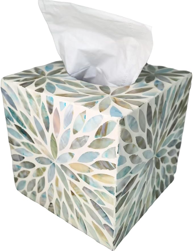 i-lan Mother of Pearl Cube Tissue Cover Box,Sea Pearl Shell Blue Flower Decorative Square Tissue Holder,5.9” Capiz Mop Napkin Box with Bottom Slider