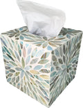 i-lan Mother of Pearl Cube Tissue Cover Box,Sea Pearl Shell Blue Flower Decorative Square Tissue Holder,5.9” Capiz Mop Napkin Box with Bottom Slider