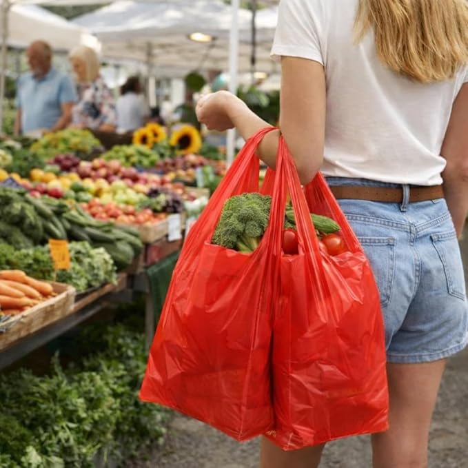 ASSUREPAK Easy Open - 100 Bags - Colored Unprinted HDPE T-Shirt Bags - 1/6 BBL 11.5"X6"X21" - 13 microns - Red - Perfect for Groceries, Shopping and Retail Stores LOOP-RED-EO
