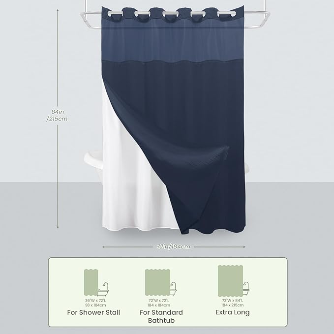 Inhousolu Long No Hook Shower Curtain with Snap in Fabric Liner Set Waffle Weave 230GSM Weighted Hem, Waterproof & Washable Bathroom Curtain Spa Luxury with Mesh Top Window 72" W x 84" L Navy Blue