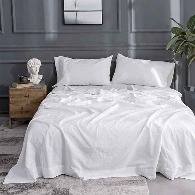 Simple&Opulence Belgian Linen Sheet Set Solid Color - 4 Pieces (1 Flat Sheet, 1 Fitted Sheet & 2 Pillowcases) Natural Flax Cotton Blend Soft Breathable Farmhouse Bedding - King Size, White