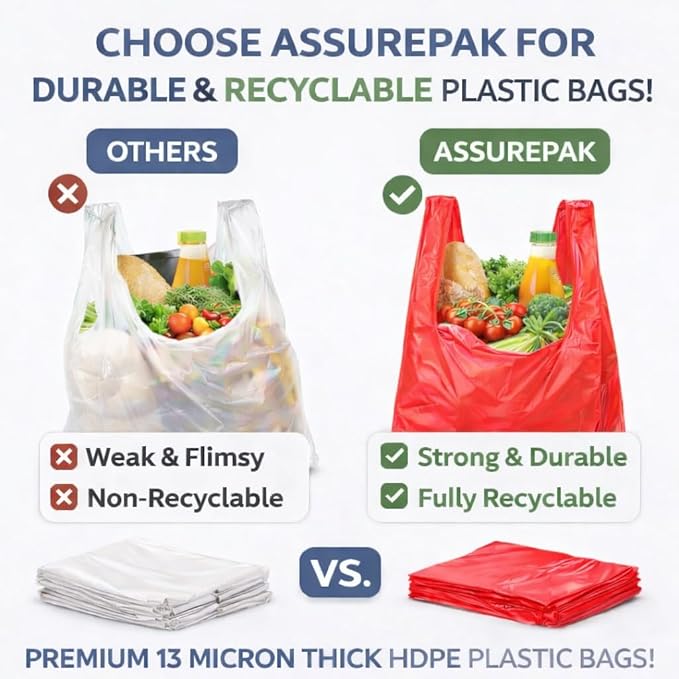 ASSUREPAK Easy Open - 100 Bags - Colored Unprinted HDPE T-Shirt Bags - 1/6 BBL 11.5"X6"X21" - 13 microns - Red - Perfect for Groceries, Shopping and Retail Stores LOOP-RED-EO