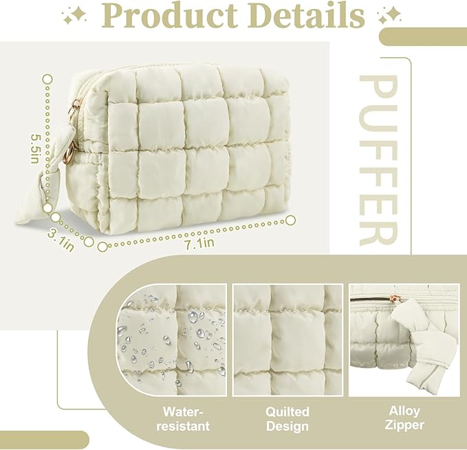 Puffer Quilted Makeup Bag Cosmetic Bags,Puffy Travel Toiletry Pouch for Women,Cute Checkered Zipper Bag Travel Essential,Portable Aesthetic Make up Organizer Bag for Gifts Work Daily(Beige,S)