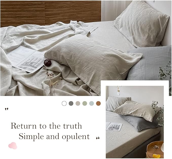 Simple&Opulence Washed Linen Bed Sheet Set Basic Style 4 Pieces (1 Flat Sheet & 1 Fitted Sheet & 2 Pillowcases) 100% Natural French Flax Soft Breathable Farmhouse Bedding (Queen, Linen)