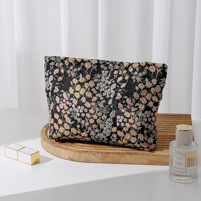 SxoSyo Cosmetic Bags for Women Makeup Bag Embroidery Large Capacity Purse Travel Toiletry Zipper Pouch Make up Brushes Organizer for Gifts (mini Flowers, Black)