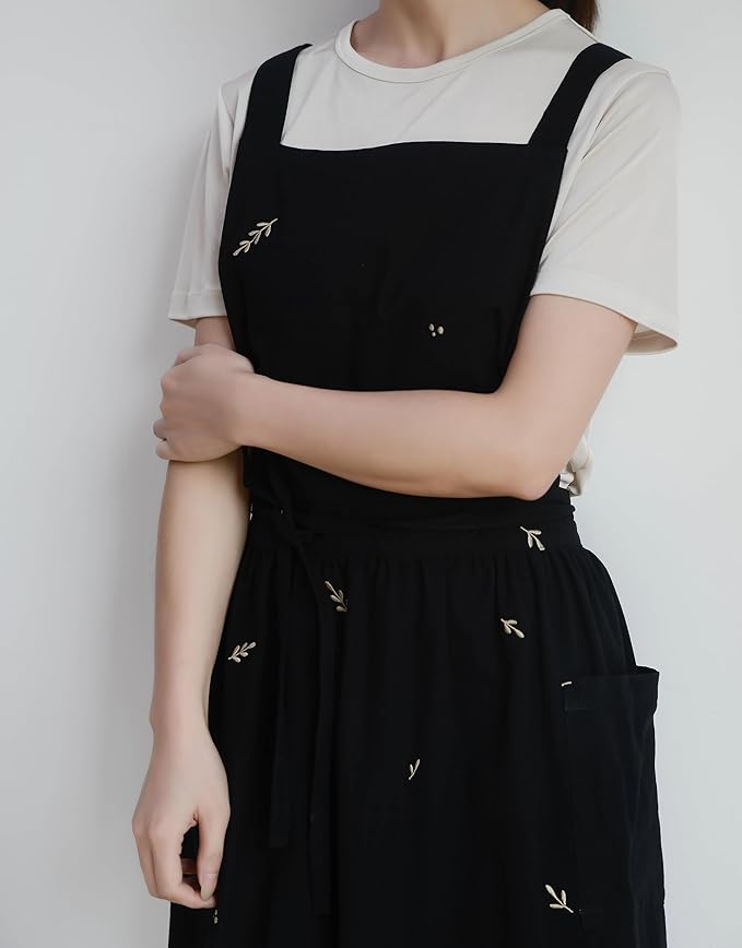 Japanese apron Women-Cross Back Apron for Women with Pockets, Pinafore Aprons, Womens Cotton Linen Apron