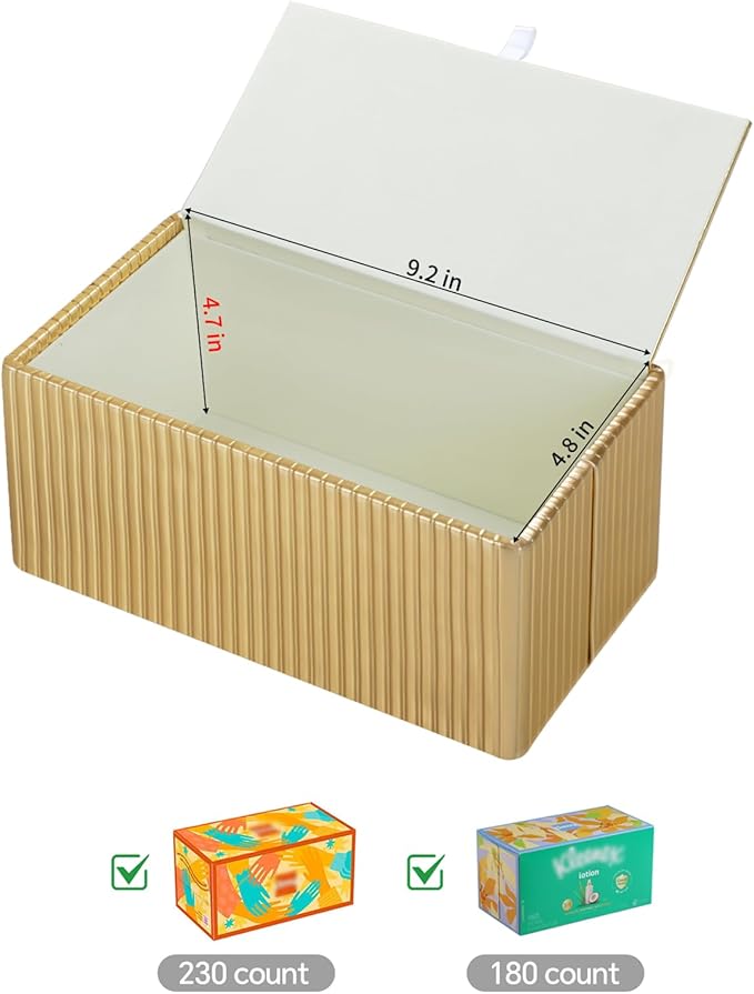 MEIBOOCH PU Leather Tissue Box Cover Square, Rectangle Tissue Box Holder with Magnetic Closure, Decorative Tissue Holder for Bathroom Bedroom Office (Gold, Rectangle for 180 to 230 Count Tissues)