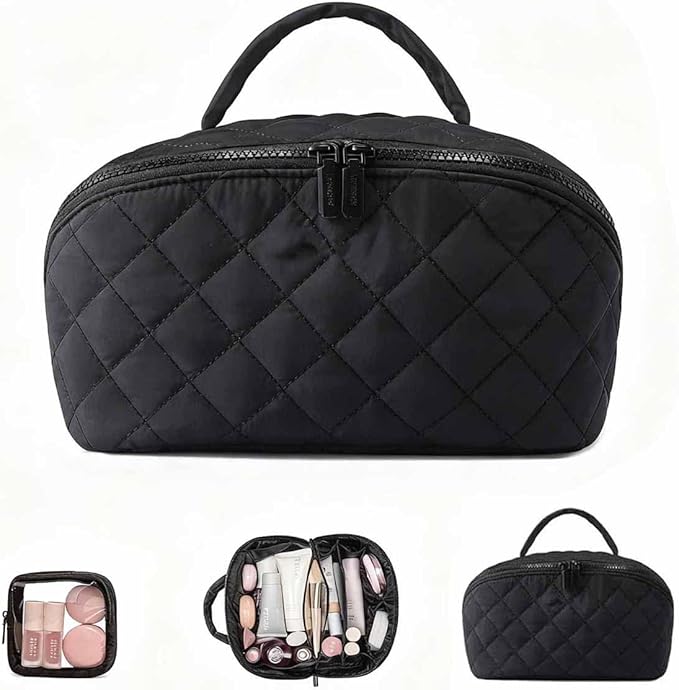 Petition Travel Makeup Bag For Women - Quilted Makeup Bag,180° Open Lay-Flat Cosmetic Case,5 Colors Large Capacity Waterproof Make Up Bag Set,With Compartments (Black)
