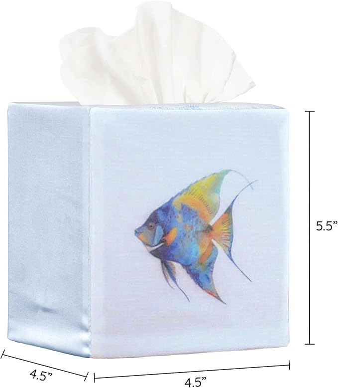 EmbroideryLinen.VN Tissue Box Cover Set of 2, Square Cotton Tissue Holder, Printed Animal Pattern, 4.5x4.5x5.5 Inches, Decorative Holder for Bathroom, Living Room, Office (Fish)