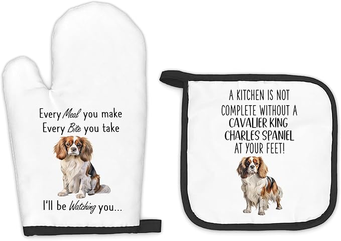 Cavalier King Charles Spaniel Gifts Dog Oven Mitts and Pot Holders Sets, Cavalier King Charles Spaniel Dog Decor Kitchen Accessories Sets, Dogs Heat Resistant Oven Glove Potholders for Kitchen