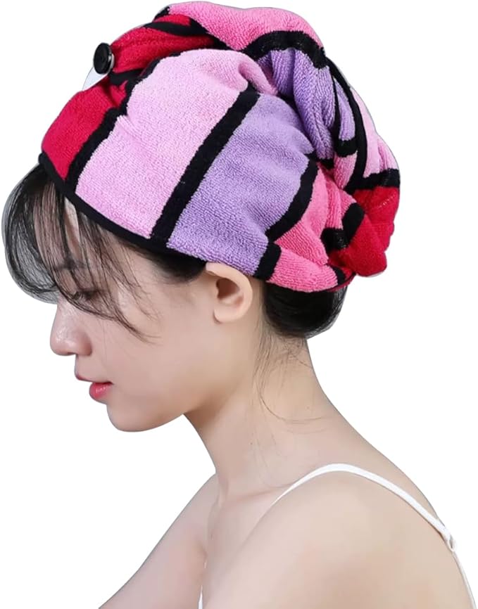 Wenlly 2 Pack 100% Cotton Hair Drying Towel, Hair Towel wrap with Button for Women, Shower Head Towel, Dry Hair Turban (Orange & red)