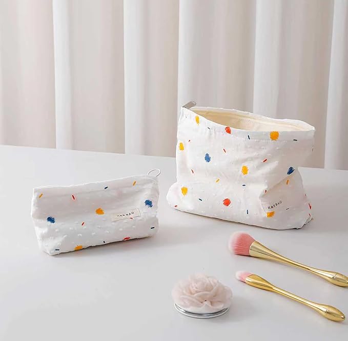 getgto 2 Pcs Makeup Bags, Large Cosmetic Bag Travel Toiletry Bag Organizer for Women, Embroidery Craft, Floral Makeup Bag Small Cosmetic Pouch Purse with Zipper, Gifts for Girls Teen (Colorful Dots)