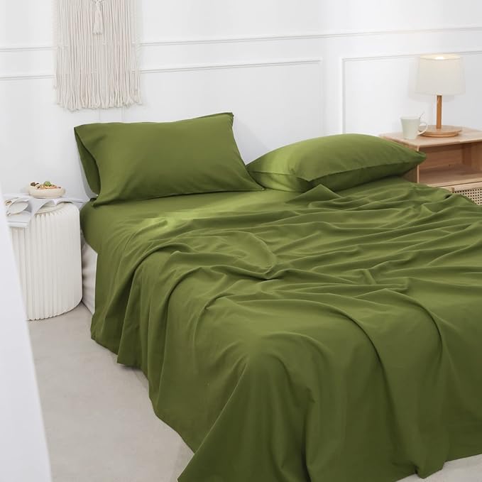Simple&Opulence Belgian Linen Sheet Set Solid Color - 4 Pieces (1 Flat Sheet, 1 Fitted Sheet & 2 Pillowcases) Natural Flax Cotton Blend Soft Breathable Farmhouse Bedding - Full Size, Forest