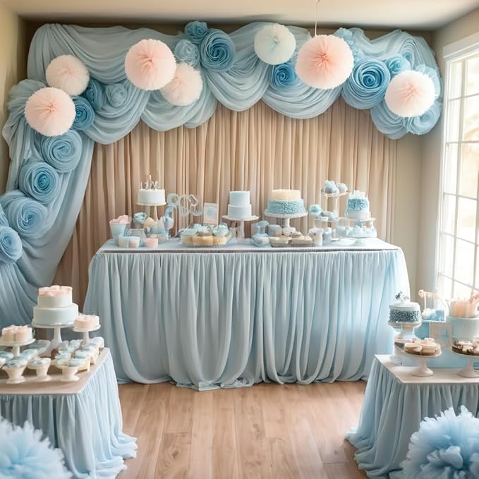 Barcelonetta | Chiffon Fabric | Decoration, Drapery Fabric | Wedding, Gender Reveal, Baby Shower, Birthday | for Arbor, Arch, Canopy, Table and Chair Decoration (Light Blue, 10 Yards)
