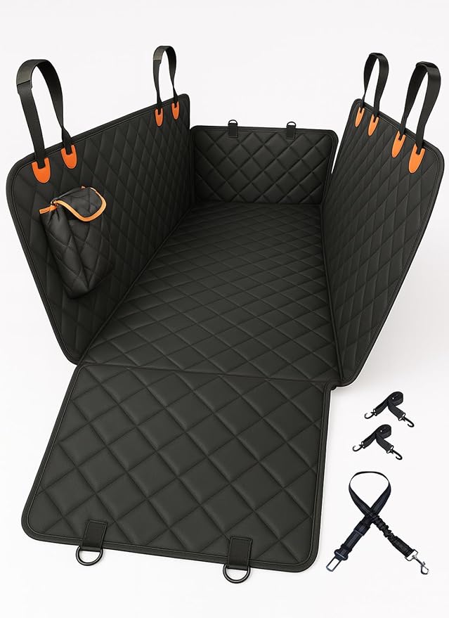 fidozen Dog Car Seat Cover, Universal Fit, Waterproof, Breathable, Machine Washable, Pet Hammock with Storage Pocket, Black (Orange, Standard 54" W)