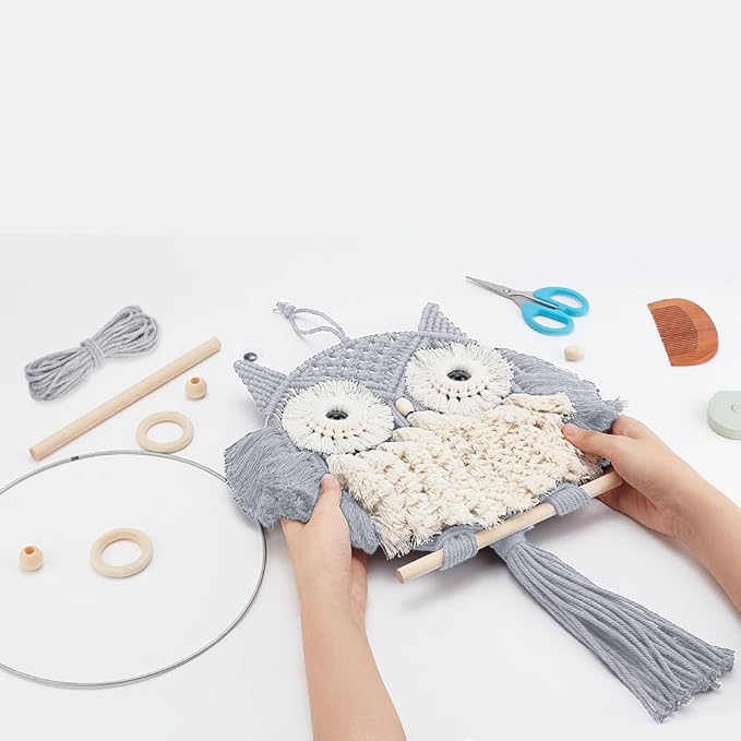 FREEBLOSS Macrame Owl Kit for Beginners Macrame Owl Wall Hanging Light Grey DIY Macrame Kit with Video Tutorial Macrame Hanging Decor for Adults Gift