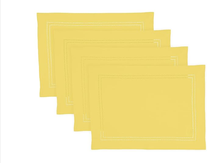 Solino Home Linen Cloth Placemats Set of 4-100% Pure Linen Double Hemstitch Sunshine Yellow Placemats 14 x 19 Inch - Handcrafted and Machine Washable Table Place Mats for Spring, Easter