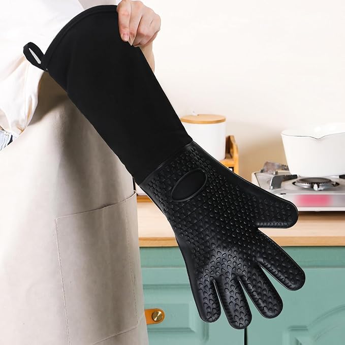 Extra Long Professional Silicone Oven Mitts with Quilted Liner, Durable Heat Resistant Oven Gloves, Heat Resistant Oven Gloves,2 Pack (Black)