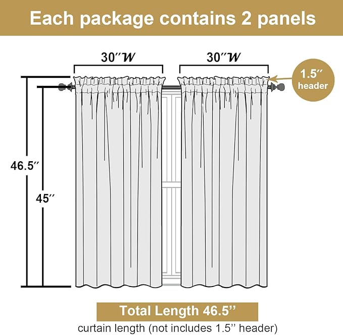 Lecloud Bessie Stone Short Curtains 45 Inch Length 2 Panels, Faux Linen Light Filtering Curtains with Dual Rod Pocket, Farmhouse Small Window Curtain for Bedroom Living Room, Each 30 W x 45 L