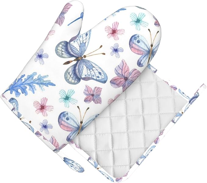 Silicone Oven Mitts and Pot Holders Sets, Home Butterfly Purple Heat Resistant BBQ Gloves for Kitchen Baking Cooking Grilling Microwave