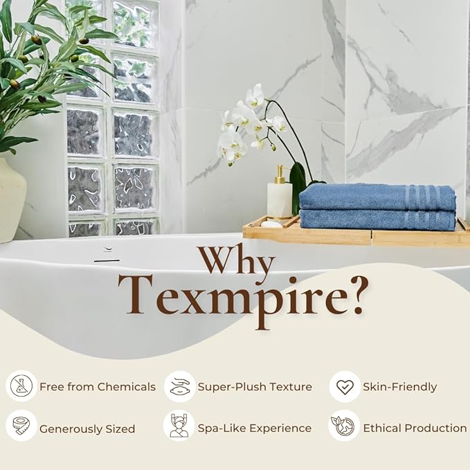 Texmpire Luxury Bath Sheets, 2 Extra Large (40x65 Inches), Highly Absorbent, Quick Dry, Premium, Plush, 100% Organic Turkish Cotton, Blue