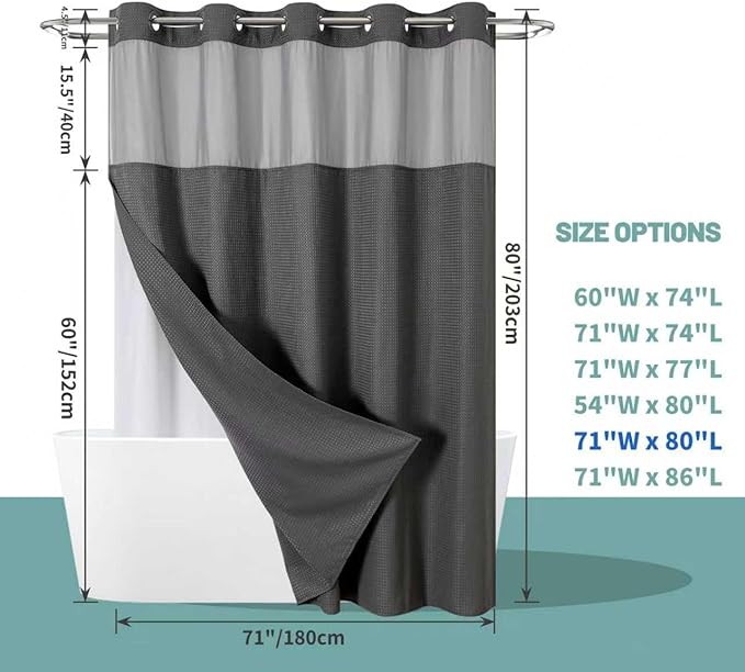 eachope Charcoal Grey Long No Hook Waffle Weave Shower Curtain with snap-in Liner Replacement, 230GSM Waterproof Fabric Hotel Shower Curtain Set for Bathroom, Through Mesh Top Window,71Wx80H