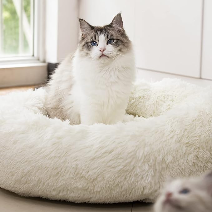 Raimaiso Anti Anxiety Round Fluffy Plush Faux Fur Warm Washable Dog Bed & Cat Bed, Original Bed for Small Medium Large Pets,Used to Relieve Joints and Improve Sleep（20"/24"/27''） (24", White)