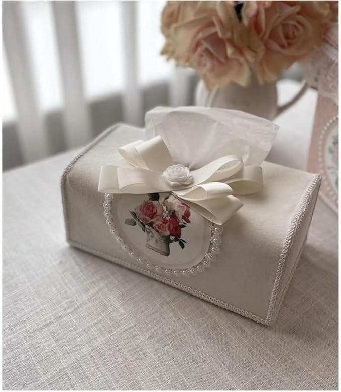 Tissue Cover Holder Fabric Art Cute Tissue Box Cover Dispenser Napkin Organizer for Bathroom Bedroom Office and Car (B - Beige)