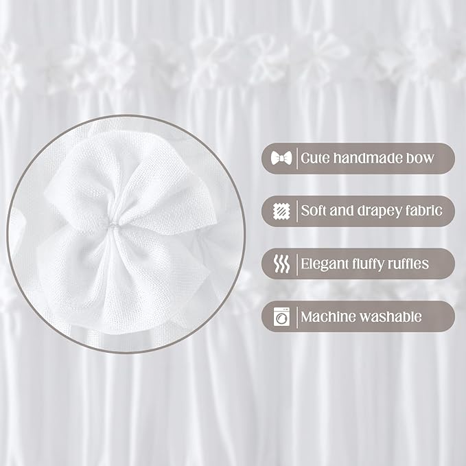 XOGUIBO White Ruffle Shower Curtain with Handmade Bow Tie, Linen Vintage Farmhouse Shower Curtain for Bathroom, 72" W x 84" H