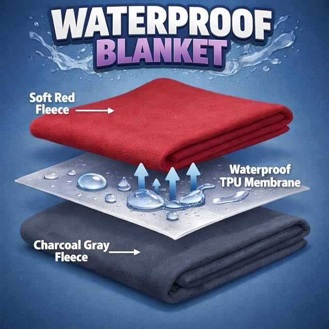 Premium Deluxe - 100% Waterproof Blanket Guarantees to Keep Your Bed Dry! Crinkle-Free Ultra-Soft Fleece Furniture Protector for People Kids Pets. EZ Wash/Dry Red/Grey Reversible 80x60