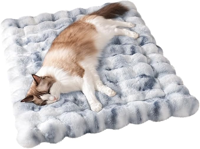 SOMAHE Cat Bed Ultra Soft Plush Machine Washable Pet Mat with Non-Slip Rubber Bottom for Indoor Cats & Dogs Faux Fur Cushion Pad for Floor Couch Carrier for Kittens & Puppies 23 x 15 Inch Medium Blue