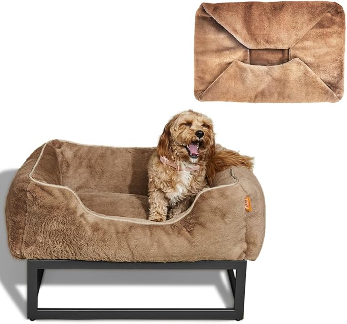 FUZI Elevated Dog Bed Small with Extra Cover, Luxury Raised Pet Bed, Removable and Machine Washable Cover, Indoor/Outdoor Orthopedic, Small 25.1x16.75x18 Light Brown and Black Base
